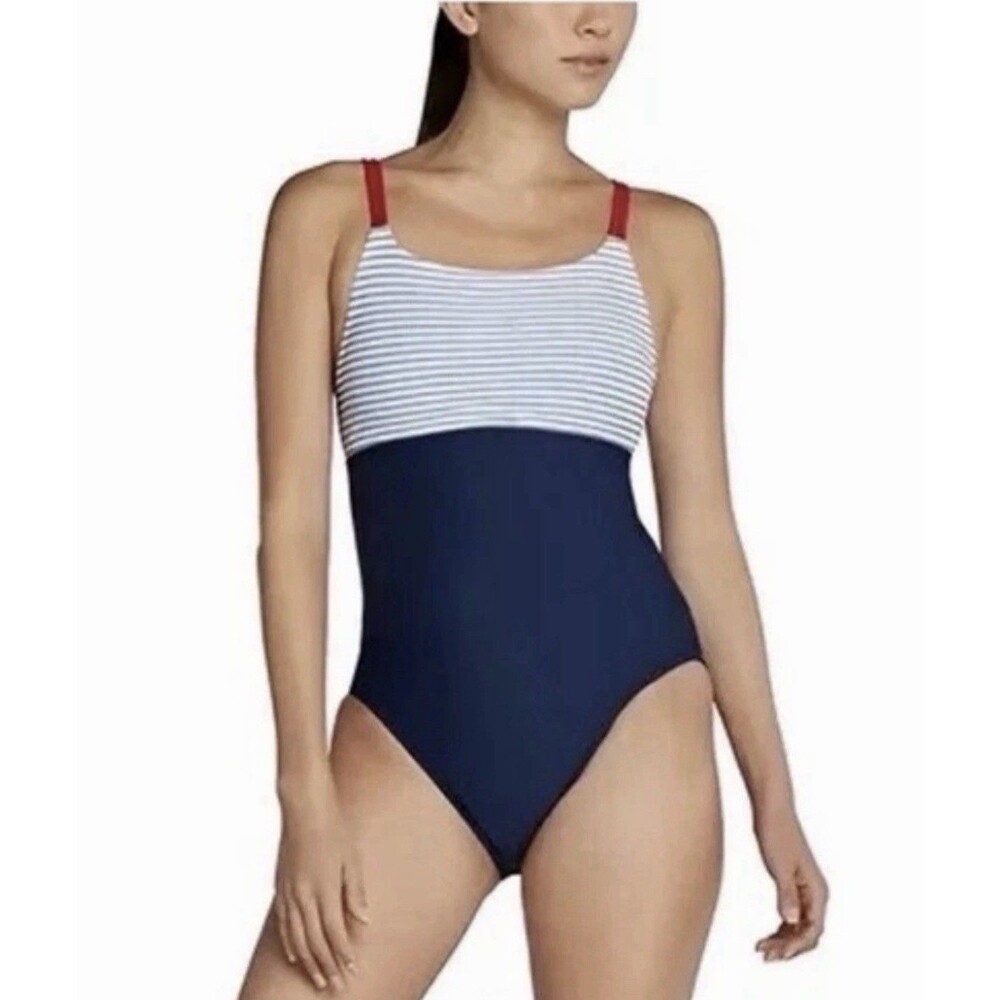 Speedo One Piece Swimsuit Nautical Red White Blue Size 12 High Cut Colorblock